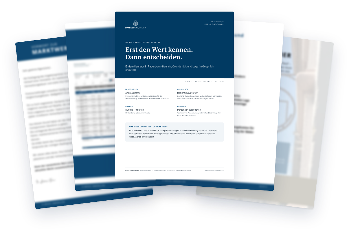 Seiten aus einer MOSES-Analyse, Inhalte unkenntlich gemacht; Deckblatt: Beispiel ohne Adresse und Zahlen