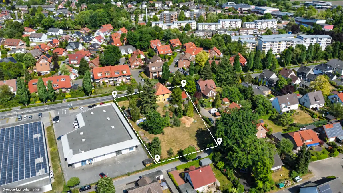 Luftaufnahme aus anderer Richtung, Grenzverlauf schematisch