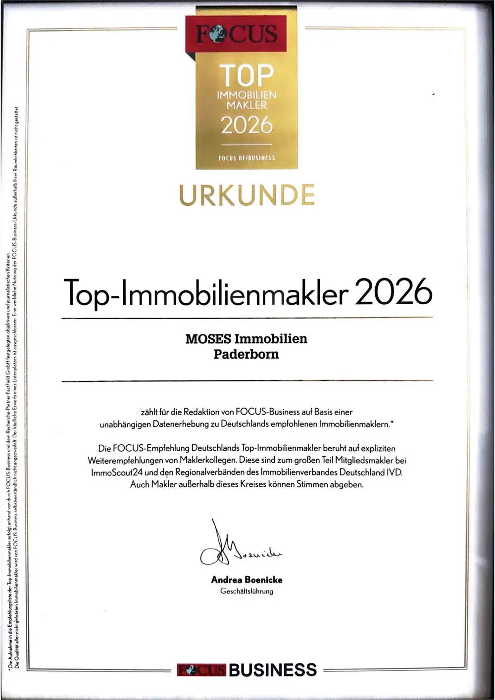 Urkunde FOCUS-Business 2026